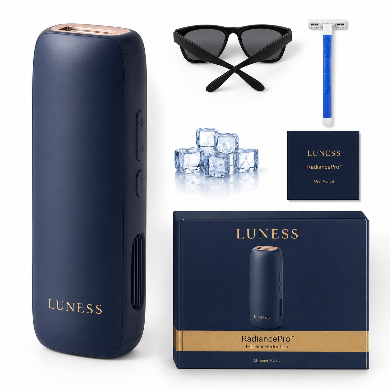 RadiancePro kit — device, goggles, shaver, and user manual